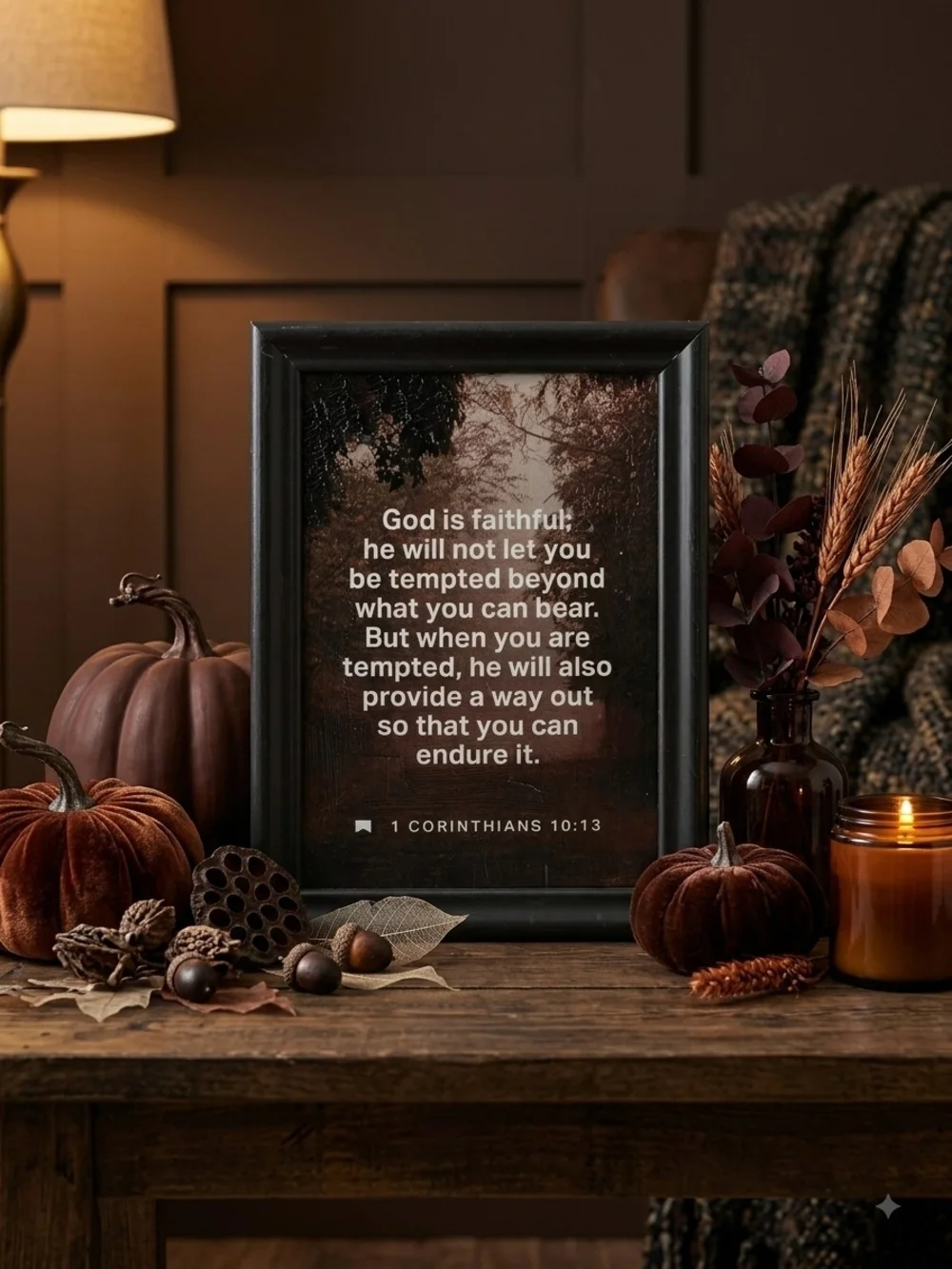 Framed inspirational print Bible verse 1 Corinthians 10:13 Dark forest Tree